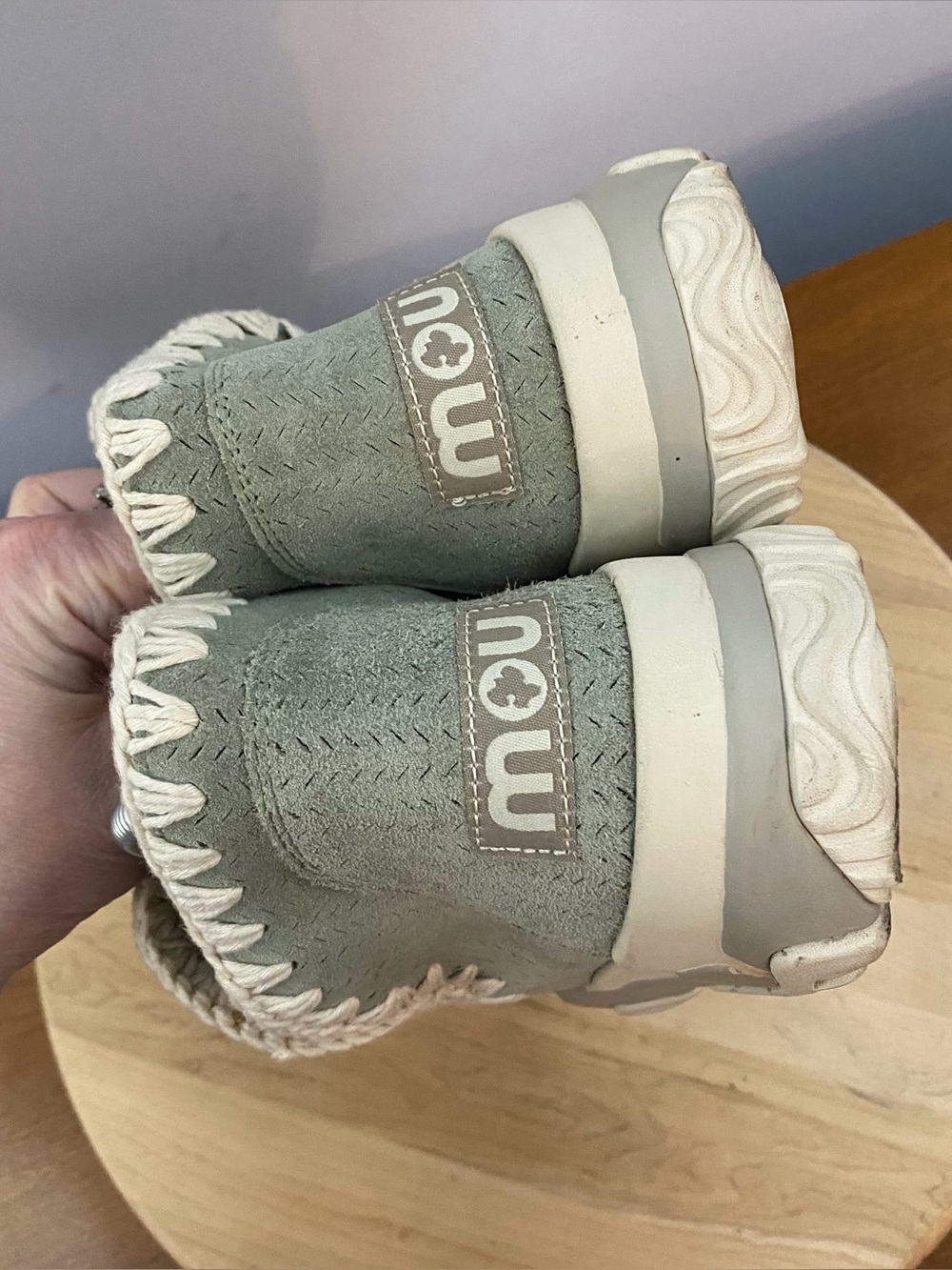 Mou Eskimo Sneaker Boots Sage Green Sheepskin Wool Crochet Stitching Womens US 9 - Picture 9 of 11